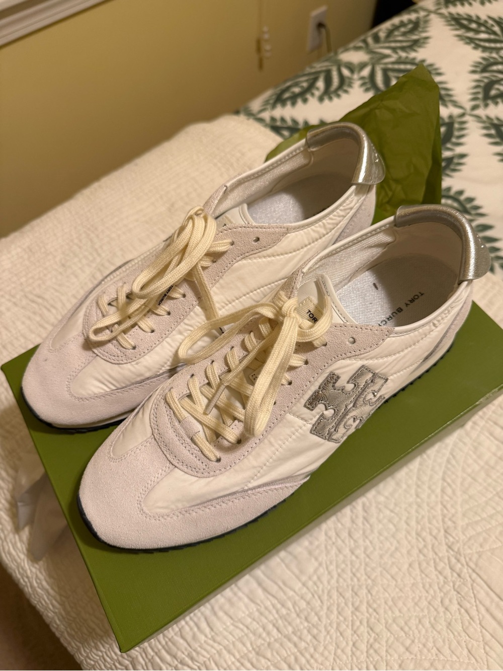 Tory Burch Cream & Silver Logo Lace-Up Sneakers